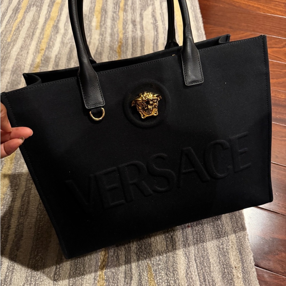 La Medusa Canvas Tote | Versace Black Tote Bag with Gold Medusa Accent